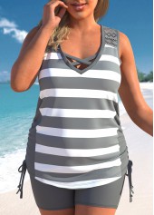 ROTITA Dark Grey Plus Size Mid Waisted Striped Tankini Set