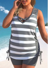 Dark Grey plus size,Striped plus size,Geometric plus size,ROTITA Dark Grey Plus Size Mid Waisted Striped Tankini Set