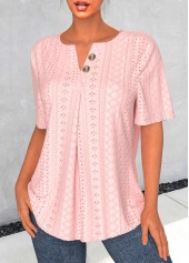 Light Pink tops,Plain Color tops,ROTITA Button Light Pink Split Neck Short Sleeve Blouse
