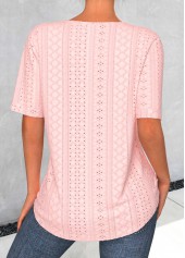 Light Pink tops,Plain Color tops,ROTITA Button Light Pink Split Neck Short Sleeve Blouse
