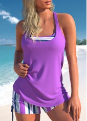Purple swimwear,Striped swimwear,Geometric swimwear,ROTITA Fake 2in1 Purple Multi Stripe Print Tankini Set