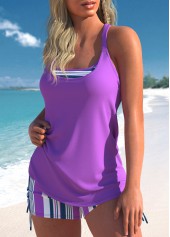 Purple swimwear,Striped swimwear,Geometric swimwear,ROTITA Fake 2in1 Purple Multi Stripe Print Tankini Set