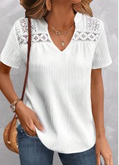 White tops,Plain Color tops,ROTITA Lace White Split Neck Short Sleeve Blouse