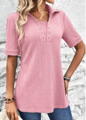 Pink tops,Plain Color tops,ROTITA Eyelet Pink Short Sleeve T Shirt