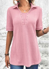 Pink tops,Plain Color tops,ROTITA Eyelet Pink Short Sleeve T Shirt