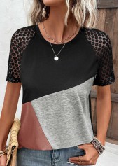 Black tops,Grey tops,Contrast Color tops,ROTITA Lace Black Round Neck Short Sleeve T Shirt