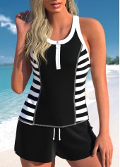ROTITA Zipper Black Striped Mid Waisted Tankini Set