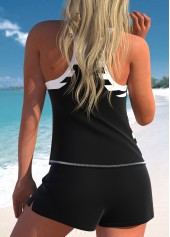 Black swimwear,Striped swimwear,Geometric swimwear,ROTITA Zipper Black Striped Mid Waisted Tankini Set