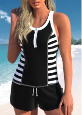 Black swimwear,Striped swimwear,Geometric swimwear,ROTITA Zipper Black Striped Mid Waisted Tankini Set