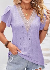 Patchwork Light Purple V Neck T Shirt