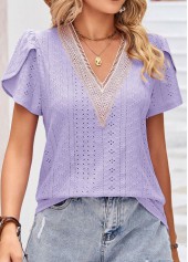 Light Purple tops,Plain Color tops,Patchwork Light Purple V Neck T Shirt