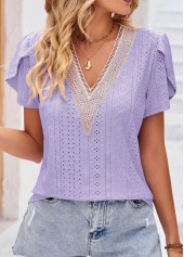 Light Purple tops,Plain Color tops,Patchwork Light Purple V Neck T Shirt