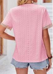Pink tops,Contrast Color tops,Patchwork Pink V Neck Short Sleeve T Shirt
