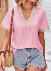 Pink tops,Contrast Color tops,Patchwork Pink V Neck Short Sleeve T Shirt