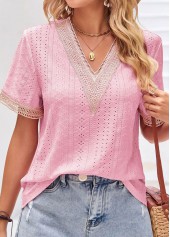Pink tops,Contrast Color tops,Patchwork Pink V Neck Short Sleeve T Shirt