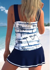 Navy swimwear,White swimwear,Plants swimwear,Striped swimwear,Geometric swimwear,ROTITA Patchwork Navy Tropical Plants Print Tankini Set