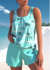 Cyan swimwear,Plants swimwear,Dot swimwear,ROTITA Tie Mint Green Tropical Plants Print Tankini Set