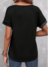 Dark Grey Marl tops,Black tops,Contrast Color tops,ROTITA Button Dark Grey Marl Split Neck T Shirt