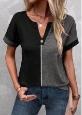 Dark Grey Marl tops,Black tops,Contrast Color tops,ROTITA Button Dark Grey Marl Split Neck T Shirt