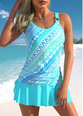 ROTITA Drawstring Cyan Tribal Print Mid Waisted Tankini Set