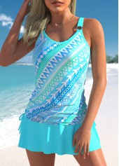 Cyan swimwear,Tribal swimwear,Striped swimwear,Geometric swimwear,ROTITA Drawstring Cyan Tribal Print Mid Waisted Tankini Set