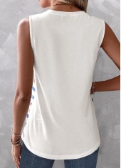 White tops,Striped tops,ROTITA Button Striped White Round Neck Tank Top