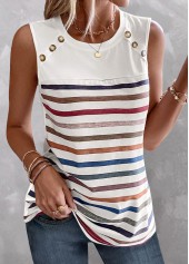 White tops,Striped tops,ROTITA Button Striped White Round Neck Tank Top