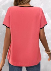 Coral tops,Plain Color tops,ROTITA Contrast Binding Coral Split Neck Short Sleeve Blouse