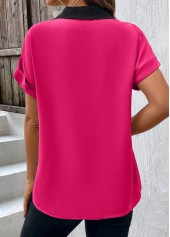 Black tops,Hot Pink tops,Contrast Color tops,ROTITA Patchwork Black V Neck Short Sleeve Blouse