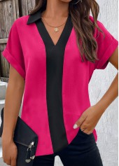 Black tops,Hot Pink tops,Contrast Color tops,ROTITA Patchwork Black V Neck Short Sleeve Blouse