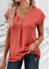 ROTITA Plus Size Button Coral V Neck Blouse