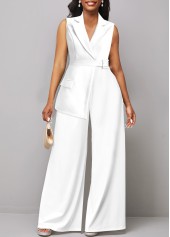 White jumpsuits & rompers,Plain Color jumpsuits & rompers,ROTITA Asymmetry White Long Lapel Sleeveless Jumpsuit