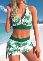 Green swimwear,Plants swimwear,ROTITA Three-piece Green Plants Print Mid Waisted Tankini Set