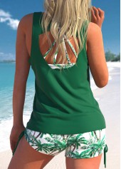Green swimwear,Plants swimwear,ROTITA Three-piece Green Plants Print Mid Waisted Tankini Set