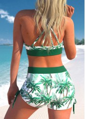 Green swimwear,Plants swimwear,ROTITA Three-piece Green Plants Print Mid Waisted Tankini Set