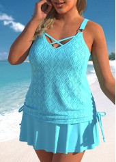 Cyan plus size,Plain Color plus size,ROTITA Plus Size Mid Waisted Circular Ring Cyan Tankini Set
