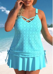 ROTITA Plus Size Mid Waisted Circular Ring Cyan Tankini Set