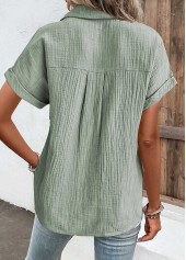 Sage Green tops,Plain Color tops,ROTITA Pocket Sage Green Shirt Collar Short Sleeve Blouse