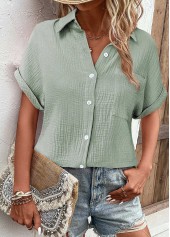 Sage Green tops,Plain Color tops,ROTITA Pocket Sage Green Shirt Collar Short Sleeve Blouse