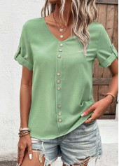 ROTITA Button Green V Neck Short Sleeve T Shirt