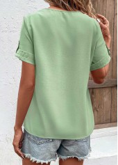 Green tops,Plain Color tops,ROTITA Button Green V Neck Short Sleeve T Shirt