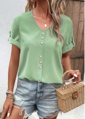 Green tops,Plain Color tops,ROTITA Button Green V Neck Short Sleeve T Shirt