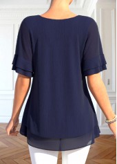 Navy tops,Plain Color tops,ROTITA Layered Navy Round Neck Fake Two Piece Twinset