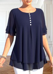 Navy tops,Plain Color tops,ROTITA Layered Navy Round Neck Fake Two Piece Twinset