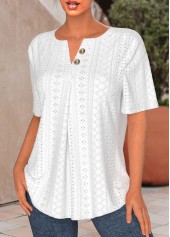White tops,Plain Color tops,ROTITA Button White Split Neck Short Sleeve Blouse