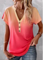 ROTITA Button Ombre Peach Red Split Neck T Shirt