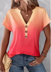 Peach Red tops,Ombre tops,ROTITA Button Ombre Peach Red Split Neck T Shirt