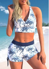 Navy swimwear,White swimwear,Plants swimwear,ROTITA Three-piece Navy Tropical Plants Print Tankini Set