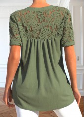 Sage Green tops,Plain Color tops,ROTITA Patchwork Sage Green Split Neck Short Sleeve Blouse