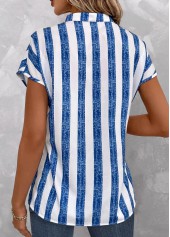 Denim Blue tops,White tops,Striped tops,ROTITA Lightweight Striped Denim Blue Split Neck Blouse